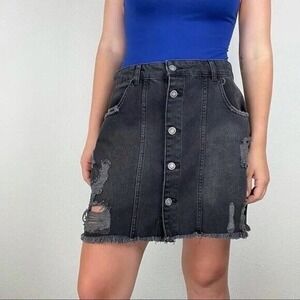 Free People Black Washed Denim Distressed Skirt sz 8